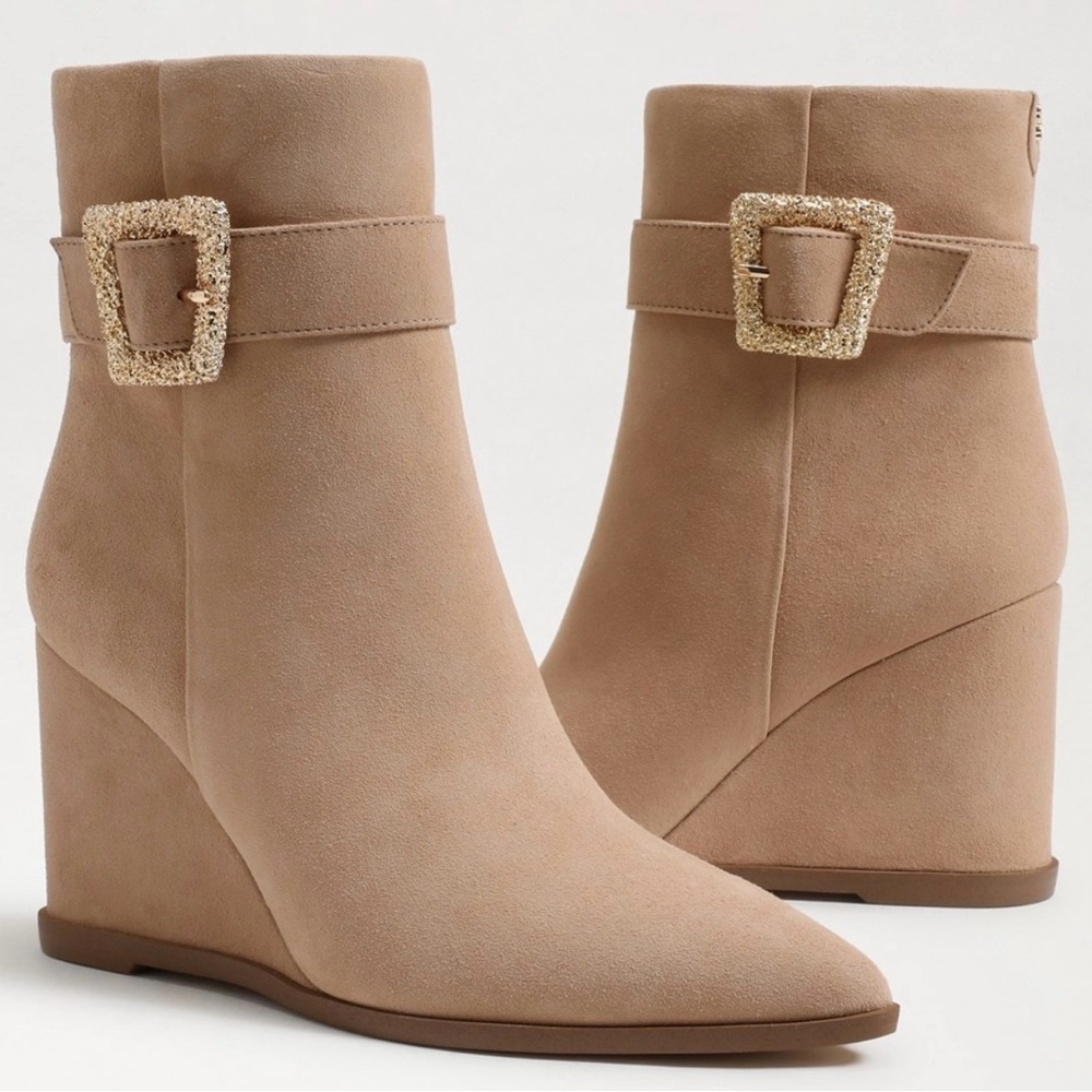 NWT Woman’s Elegant Tan Weslie Buckle Wedge Ankle Boots by Sam Edelman